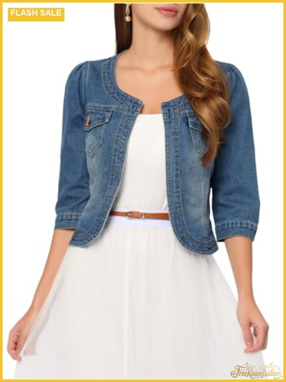 Womens Denim Cardigan 3/4 Sleeve Collarless Jean Jacket